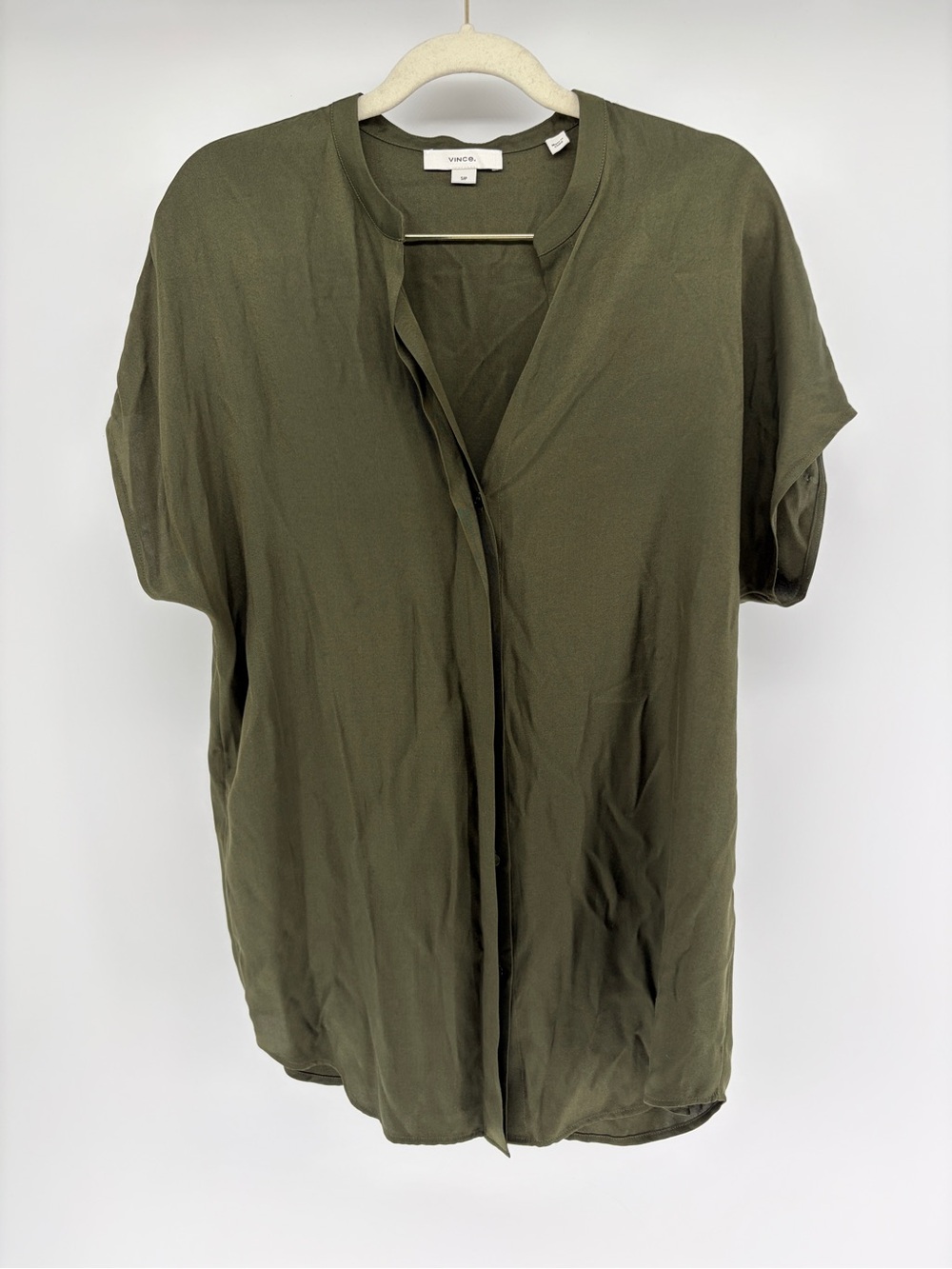 Vince Silk Blend Olive Short-Sleeve Hidden Button Front Blouse